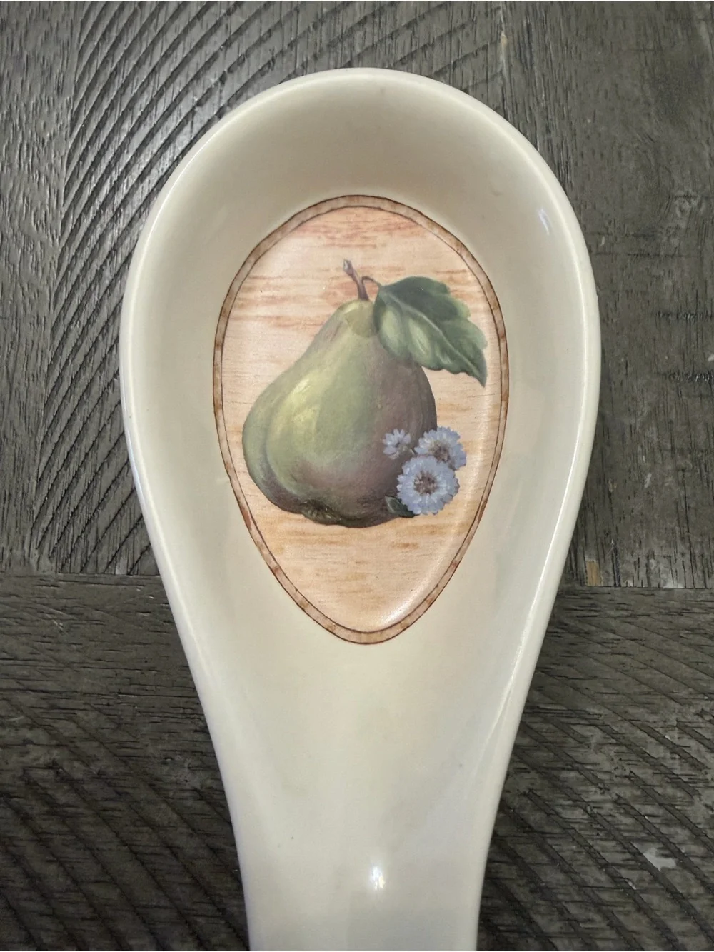 Pamela Gladding Cream Ceramic Spoon Rest with Pear and Floral Motif
